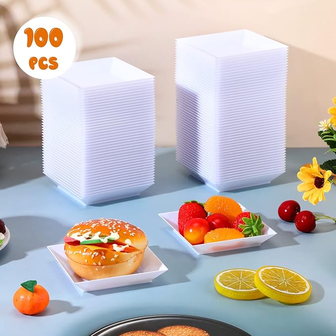 Zhehao 100 Pcs Plastic Dessert Appetizer Plates Disposable, 3.6 x 3.6 Inch Small Square Plastic Dessert Cake Plate for Party, Valentine's Day Wedding Birthday Bridal Baby Shower Supplies (White)