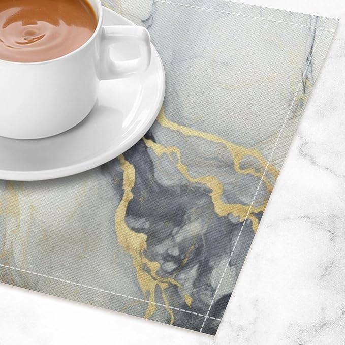 Marble Linen Placemats Set of 2, Modern Abstract Foil Texture White Grey Gold Marble Washable Place Mats, Non Slip Placemat for Home Party Dining Tables Wedding Kitchen Banquets Decor 12x17 Inch