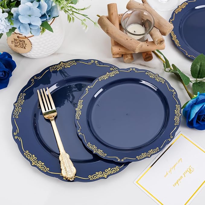 DaYammi 150Pcs Blue Plastic Plates Heavy Duty Navy Blue Disposable Plates with Gold Plastic Silverware include 30 Dinner Plate,30 Dessert Plate,90 Gold Silverware Set,blue plates for Party Dinner
