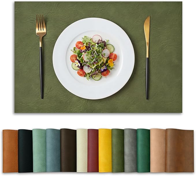 Artoid Mode Olive Green Faux Leather Placemats Set of 4, 12x18 Inch Waterproof Wipeable Heat Resistant Vinyl Place Mats, Reversible Table Mats for Kitchen Dining Decor