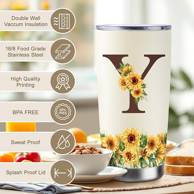 Sunflower Gifts for Women - Personalized Christmas Gifts for Women - Birthday Gift for Woman - Mothers Day Gift for Mom - Monogrammed, Initial 20oz Travel Cup Insulated Tumbler with Lid, Y