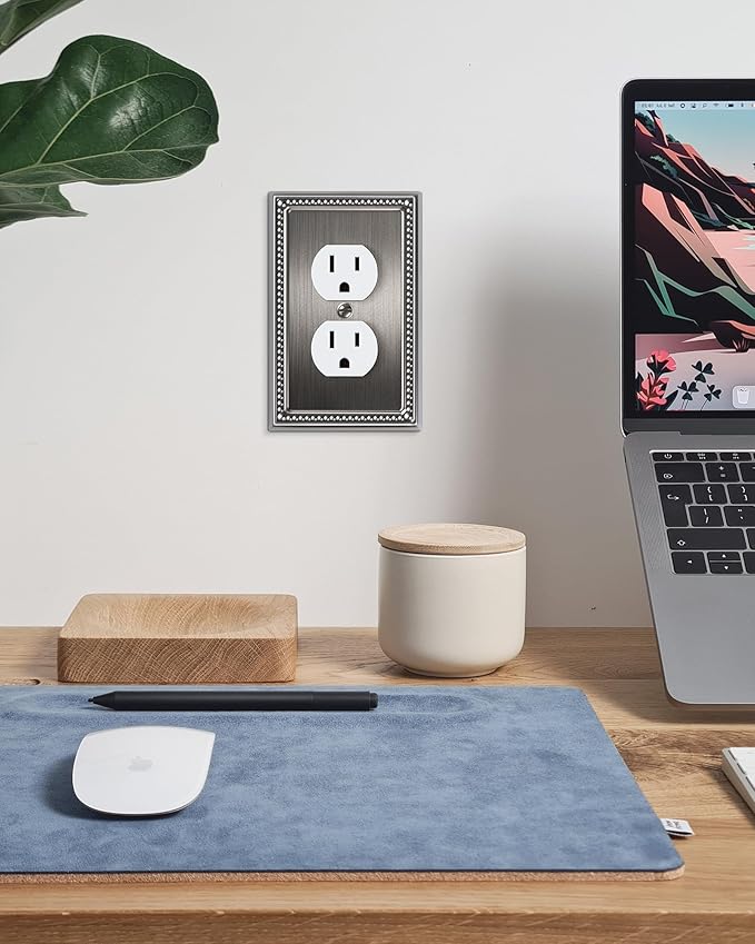 2-Pack Duplex Outlet Cover, Silver Metal Wall Plates for Electrical Outlets, 1 Gang Receptacle Light Switch Cover, Pearls Beaded Decorative Switch Plates and Outlet Covers