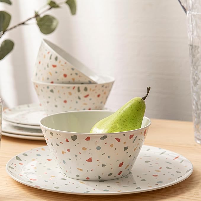 Bzyoo 12-Piece Melamine Dinnerware Set - White Confetti | Lightweight, Durable, BPA-Free | Dishwasher Safe Dish Set for Indoor & Outdoor Use - Perfect for Camping, BBQs, Kids Parties