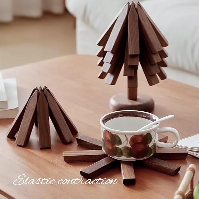 Trivets for Hot Dishes - Tree Washer Set, Wooden Pinwheel Coaster Set with Stand for Easy Storage - for Fondue pots, Pans, Bowls, teapots, Warming Trays - Versatile Decorations (A Walnut 4 pcs)