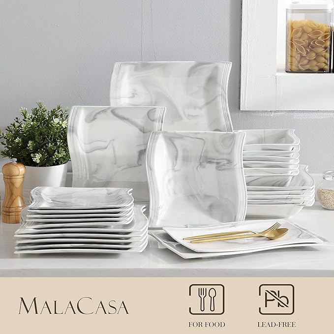 MALACASA Square Dinnerware Sets, 26-Piece Marble Grey Plates and Bowls Sets, Porcelain Dinner Set Microwave Safe, Kitchen Dinnerware Plates Set, Dishes and Bowls, Service for 6, Series Flora