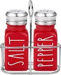 Red Salt and Pepper Shakers Set with Holder by Brighter Barns - Dining Table Decor, Modern Farmhouse Kitchen Decor - Christmas Salt and Pepper Shakers with Caddy for Restaurant, RV, Airbnb, Gift (Red)
