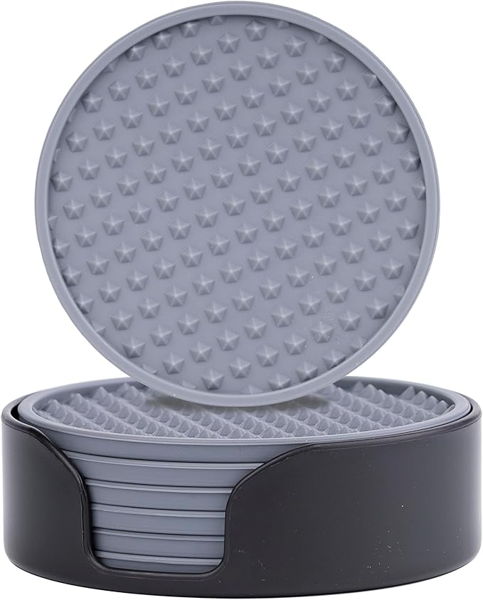 Ortarco 6 Pack Drink Coasters with Holder, Silicone Cup Mat for Hot or Cold Drinks, Non-Slip, Non-Stick