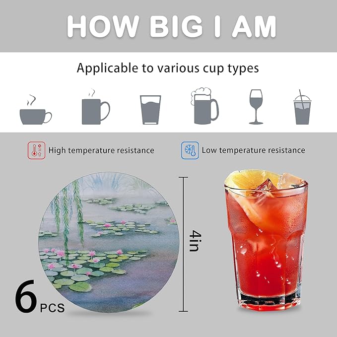 Drink Coasters for Drinks Set of 6,Claude Monet Water Lilies Absorbent Round Ceramic Stone Mat Coaster, with Cork Base and Metal Holder, Home Bar Decor House Warming Gift