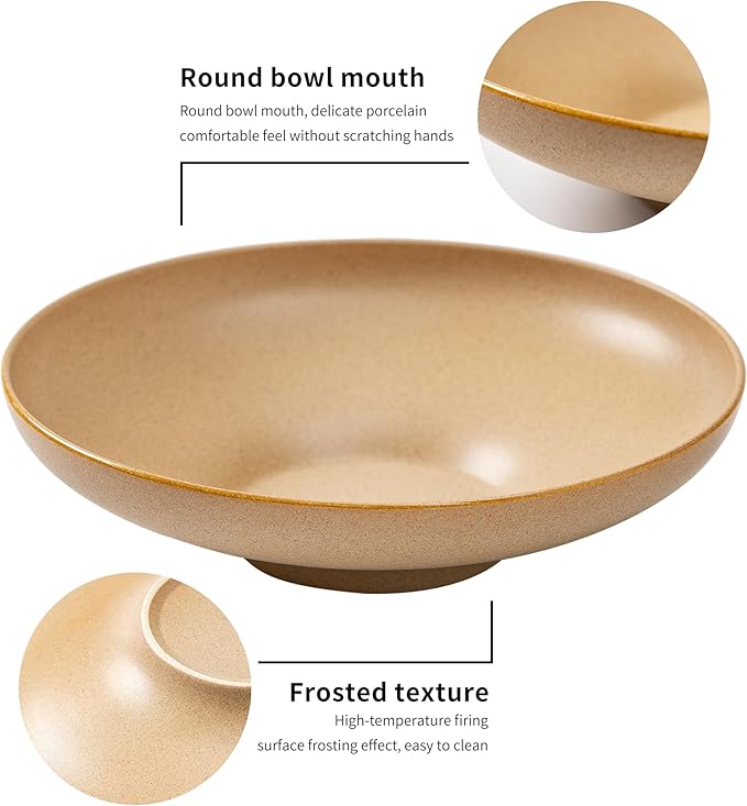 Ceramic Serving Bowls with Wooden Spoons Set of 2, Large Serving Bowl for Dinner Salad Soup Pasta Dessert Fish Fruit Chicken Bread, Oven Dishwasher Safe, 50oz Bowl for Entertaining, 9.75"