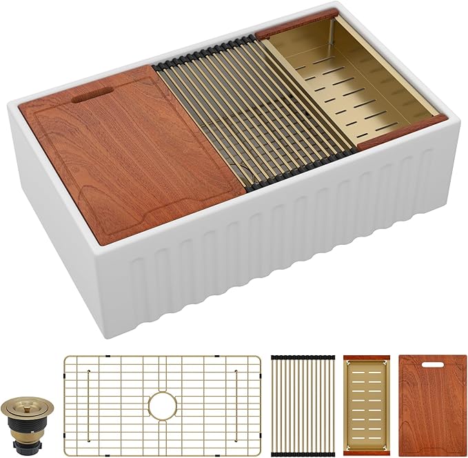 Sarlai White Farmhouse Sink - 30 Inch Farm Kitchen Sink Undermount Workstation Apron Front Reversible Ceramic Fireclay Single Bowl Farmer Sinks Basin 30 x 20 Inch With Gold Accessories