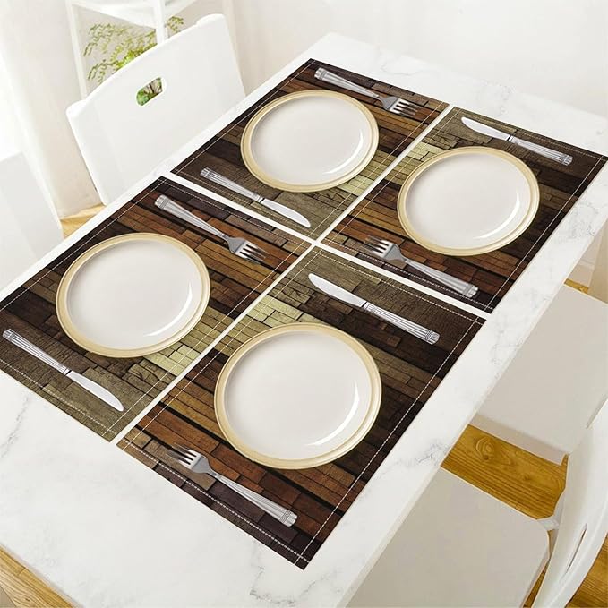 Retro Plank Placemat Set, Rural Old Shabby Brown Beige Farmhouse Barn Wooden Board Pattern Home Decor Linen Table Mats for Dining Room Kitchen Party(17x12in) x2P