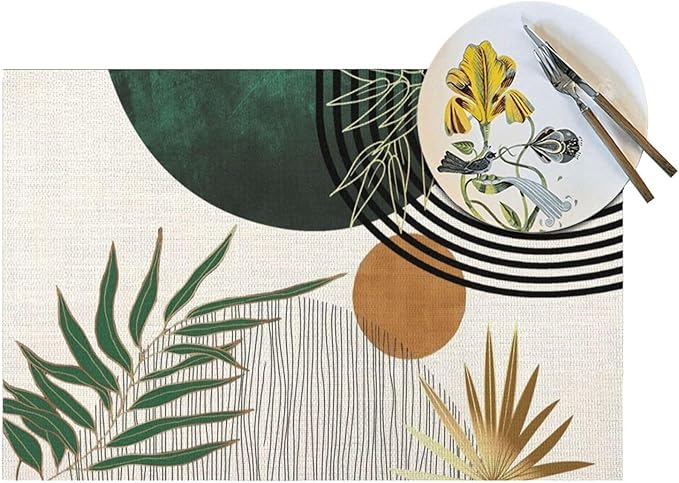 Mid Century Placemats 12x18 Inches Set of 4, Boho Green Gold Tropical Leaf Decorative Rectangle Table Mats for Party Home Kitchen Dining Table Decoration