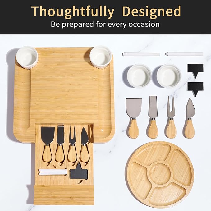 YZS Bamboo Charcuterie Boards Set -Unique Cheese Board with Accessories - Perfect for Housewarming, Weddings, Bridal Showers, Birthday Gifts, Mother's Day Gift, Parties, Eco-Friendly & Elegant Design