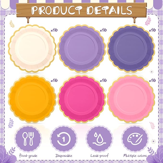 96 Pcs Pink and Purple Paper Plates 9 Inch Gradient Scalloped Paper Plates Disposable Dinner Dessert for Birthday Wedding Bridal Party Supplies, 6 Colors