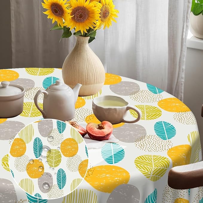 Laeacco 24 Inch Geometric Round Tablecloth Colorful Abstract Oval Leaf Pattern Modern Art Print Table Cloth Washable Waterproof Wrinkle Free Table Cover for Kitchen Dining Picnic Party Decoration