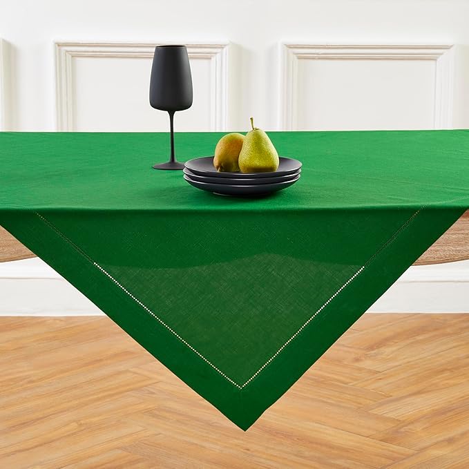 Solino Home Linen Tablecloth 52 x 52 Inch - 100% Pure Linen Garden Green Square Tablecloth - Classic Hemstitch, Machine Washable Table Throw for Winter, St Patricks Day, Easter