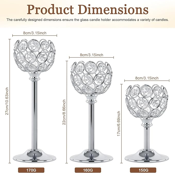 Crystal Metal Tealight Candlestick, Bling Bowl Candelabras, Tall Crystal Candle Holders Elegant Candle Centerpiece for Dining Table Wedding Home Mantel Decor(Silver, 4Sets(12 Pcs))
