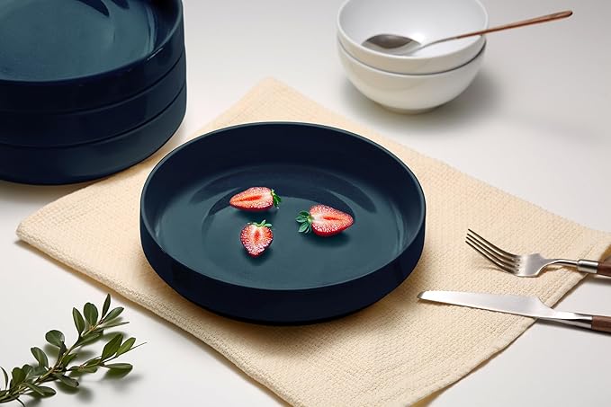 KooK Ceramic Large Pasta Bowls, Microwave and Dishwasher Safe, Great for Soups and Salads, Shallow Serving Bowls, Glossy Porcelain, 47 oz, Set of 4, Navy Blue
