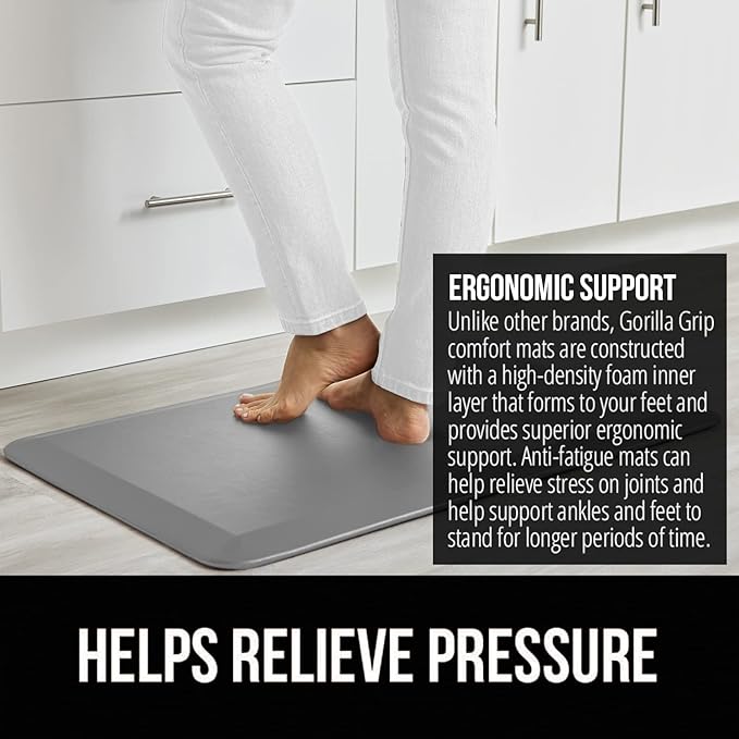 GORILLA GRIP Comfortable Cushioned Kitchen Mats for Floor, 48x20, Waterproof and Stain Resistant Soft Top, 3/4 Inch Thick Ergonomic Standing Desk Anti Fatigue Mat, Foam Supports Ankles and Feet, Grey
