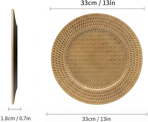 13 Inch Antique Gold Charger Plates Set of 6 Round Plastic Plates Matte Finish Faux Rattan Woven Texture Charger plates for Wedding Party Christmas (537)