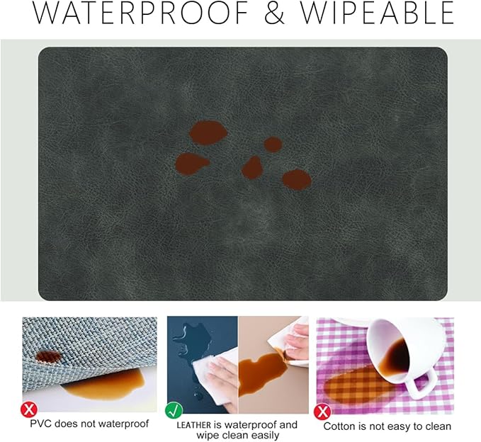 Faux Leather Dining Placemats with Rounded Corners-Set of 4,Washable&Wipeable Place Mats,Waterproof&Stain Resistant Table Mats,Heat-Resistant,Non-Slip for Kitchen(Black-Grey)