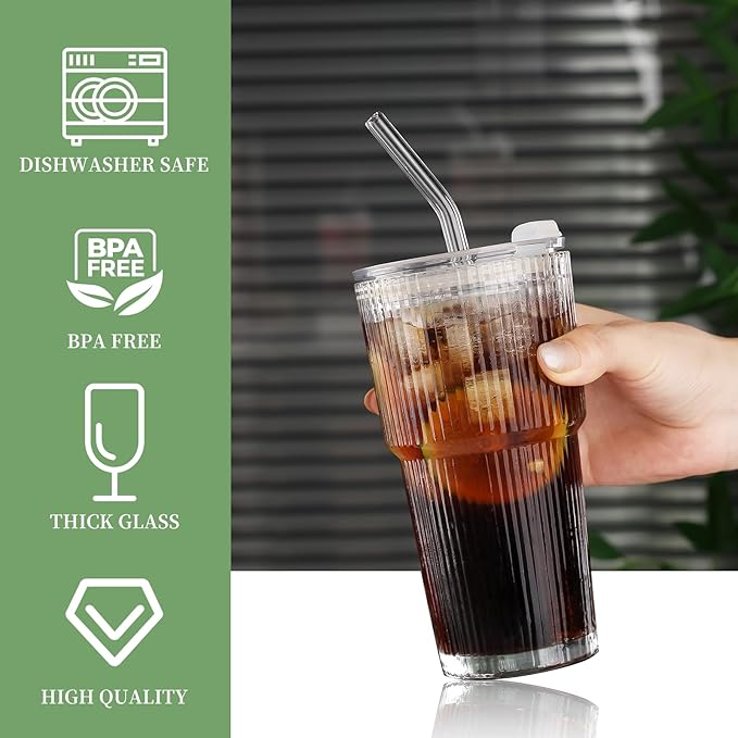 Glass Cups with Lids and Straws - 18oz Glass Tumbler with Straw and Lid, Premium Coffee Cups for Tea, Iced Coffee, Smoothie，Ideal Gift for Home, Office, Coffee Shop Use, 2 Pack