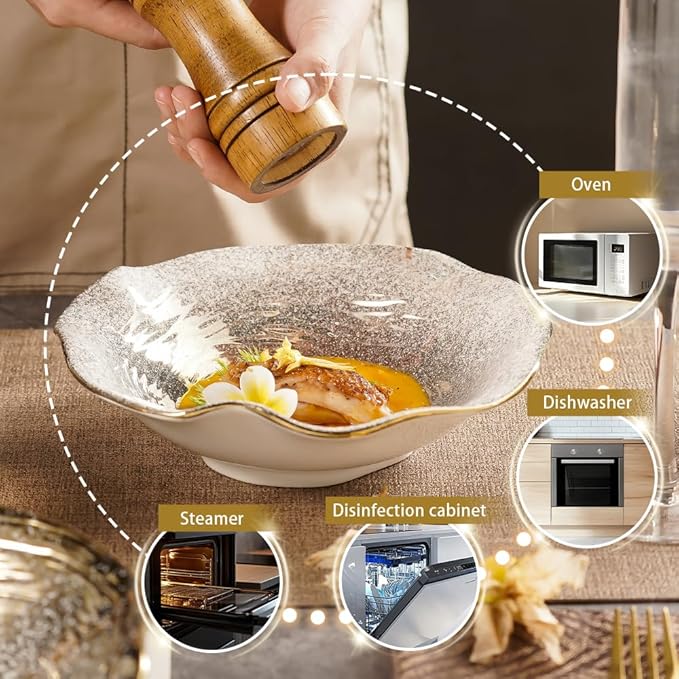 8.5-Inch Lotus Edge Ceramic Bowl, Gradient Gold Design Soup Bowl with Wavy Rim, 21.5cm Food-Safe Porcelain for Dining & Gifting