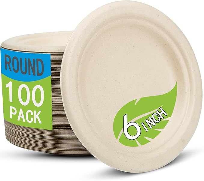 6 Inch Small Paper Plates Disposable - Biodegradable Compostable Appetizer Plates for appetizer, Party, Cake, Snacks Dessert (100 Pack, Heavy Duty Eco-Friendly) Third-generation anti-slip