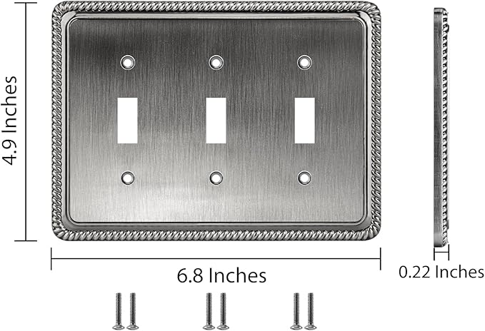 Henne Bery Rope Edge Decorative Wall Plate Switch Plate Outlet Cover (Triple Toggle, Heirloom Silver)