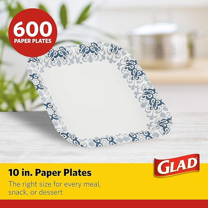 Glad Square Disposable Paper Plates, Blue Victorian Pattern - Strong, Sturdy, Soak Proof, and Microwavable Decorative Plates for Dinner and Everyday Use, 10 Inch, 50 Count - 12 Pack