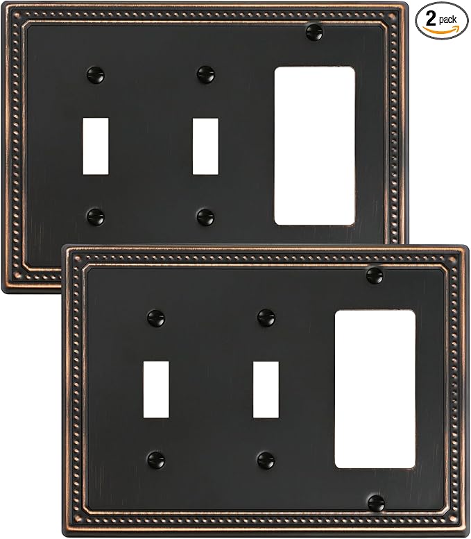 2-Pack Combo Decorator/Double Toggle Light Switch Cover Plate, Aged Bronze Pearls Decorative Switch Plates and Outlet Covers, Metal Wall Plates for Electrical Outlets