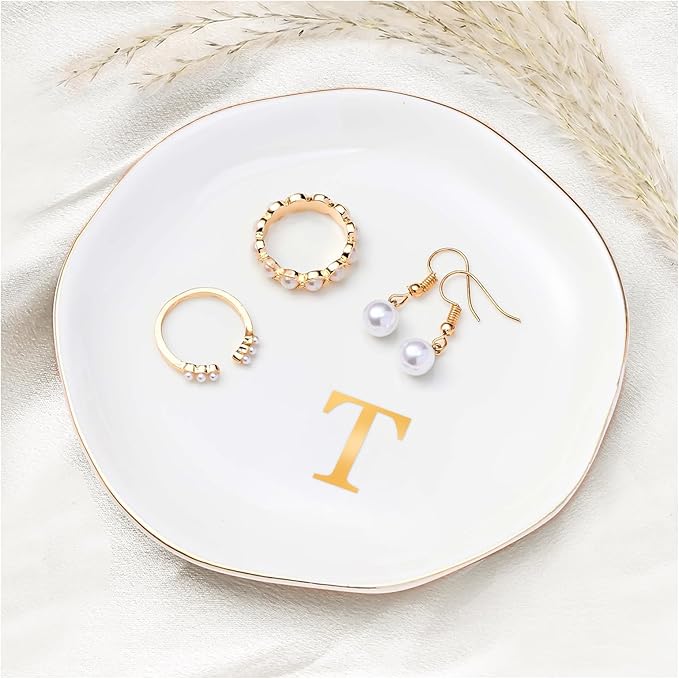 ProCase Ceramic Jewelry Tray, Initial Ring Dish Trinket Plate Engagement Gift, Small Personalized Monogram Ring Bowl for Wedding, White Decorative Jewelry Holder for Women Vanity -Letter T