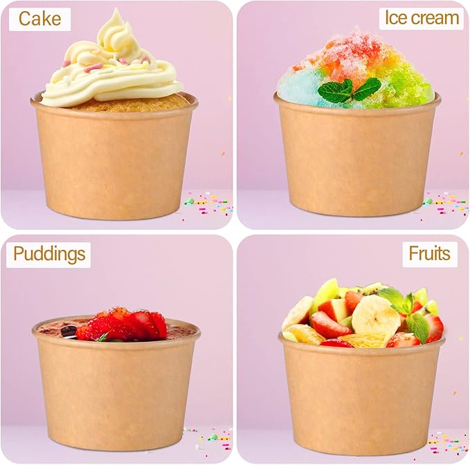 Honeydak 100 Pieces Ice Cream Soup Cups Paper 5 oz Disposable Sundae Bowls Kraft Paper Hot Cold Snack Yogurt Dessert Small Cups for Ice Cream Baby Shower Party Supplies, Brown Disposable Bowls