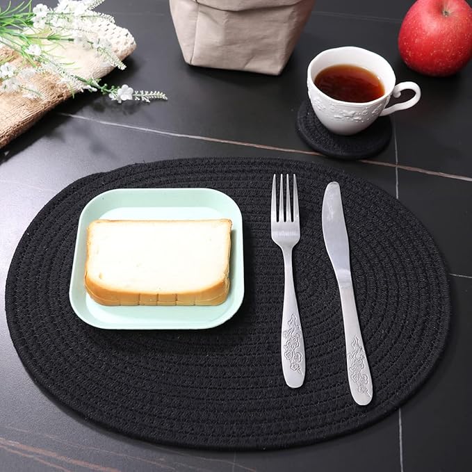 6 Pack Woven Placemats Fabric Tablemats, 12x16 inches Plate Chargers Cotton Weave Placemat Oval Braided Rattan Tablemats for Kitchen Dining Table Outdoor Party Wedding Decoration (Black)