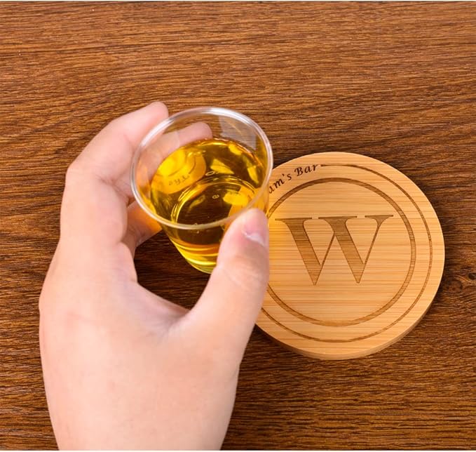 Personalized Bamboo Coasters, Custom Engraved Monogram Coasters with Holder, Great Gifts for Relatives, Friends or Yourself (Set of 6)