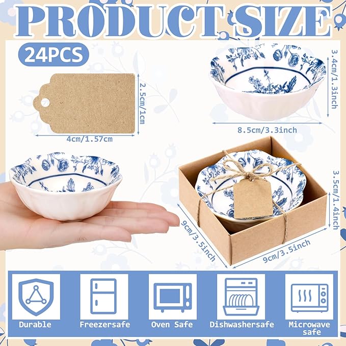 24 Pcs Wedding Favors for Guests Small Ceramic Bowl Bulk Gifts Set 3.3 Inch Floral Design Mini Dipping Sauce Dish with Card Box for Bridal Pooja Baby Shower Birthday Guest Gift (Blue)