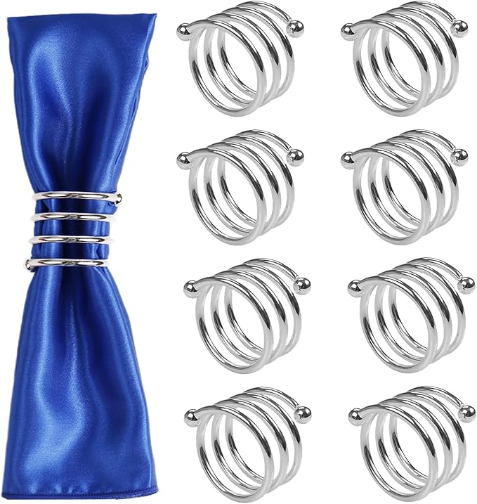 Silver Napkin Rings Set of 8, Christmas Napkin Rings Metal Napkin Holders for Thanksgiving Weddings Family Gatherings Table Decorations (8 Spring Silver)