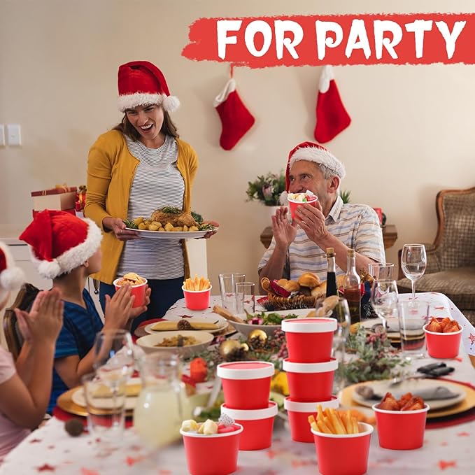 Fulmoon 100 Pack Paper Soup Containers with Lids Disposable Paper Food Containers with Vented Lid Kraft Ice Cream Cake Dessert Cups Soup Bowl for Party Hot Food Fruit Microwave(8 oz,Red)