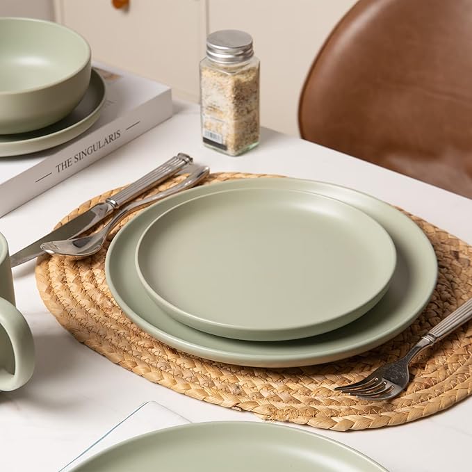 12-Piece Stoneware Dinnerware Set with Mugs | Microwave and Dishwasher Friendly | Stackable Matte Glaze Plates & Bowls | Service for 3 (Green for 3)