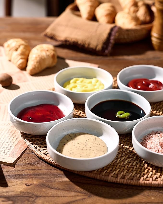 famiware Milkyway Ceramic Soy Sauce Dish, Dipping Bowls Set of 6, Dipping Sauce Bowls/Dishes, 4oz Small Serving Bowls for Side Dishes, Condiment, Sushi, Appetizer, Dessert, Light Gray