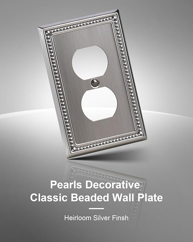 2-Pack Duplex Outlet Cover, Silver Metal Wall Plates for Electrical Outlets, 1 Gang Receptacle Light Switch Cover, Pearls Beaded Decorative Switch Plates and Outlet Covers
