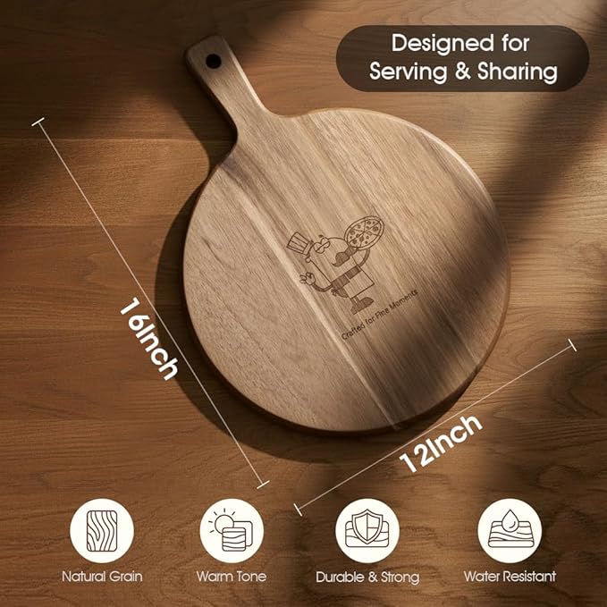 12" Acacia Wood Charcuterie & Pizza Serving Board Set with Pizza Cutter, Rustic Wooden Board for Cheese, Appetizers & Entertaining, Thoughtful Housewarming Gift