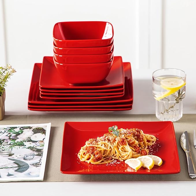vancasso Soho Dinnerware Sets 12 Pieces, Red Stoneware Square Place Setting, Dinner Plate, Plates and Bowls Sets, Dishes Service for 4