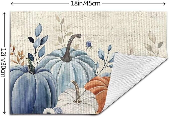 Fall Placemats 12x18 Inches Set of 4,Orange Blue Pumpkin Decorative Rectangle Autumn Thanksgiving Pumpkin Table Mats for Party, Home Kitchen,Dining Table Decoration