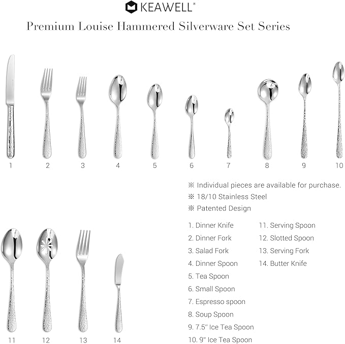 KEAWELL Premium 20/45/65 Piece Louise Hammered Silverware Set with Round Edge, 18/10 Stainless Steel, Service for 4/8/12, Fine Flatware Set, Dishwasher Safe (20)