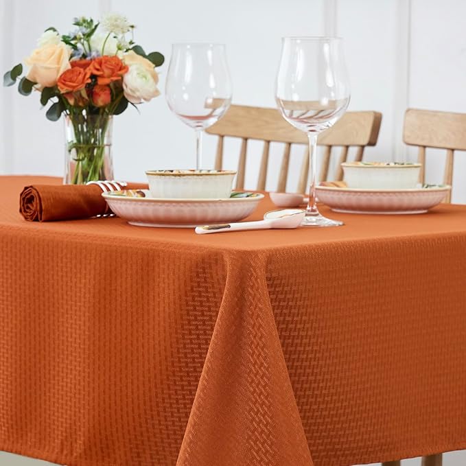 maxmill Rectangle Weaved Design Tablecloth Waterproof Spillproof Wrinkle Free Fall Table Cloth, Kitchen Dining Room Thanksgiving Decoration, Fabric Table Cover Halloween Party, 60 x 84 Inch, Rust