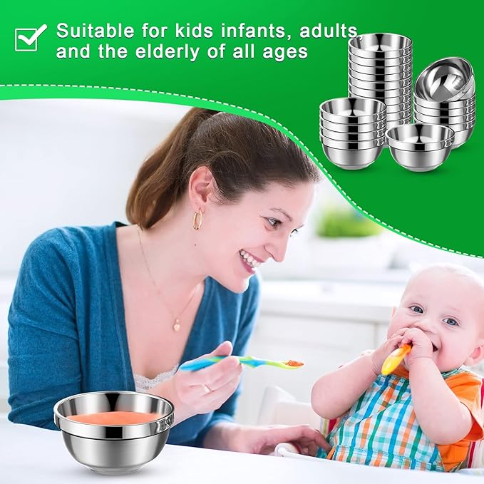 Mimorou 20 Pack 304 Stainless Steel Bowls Set 13oz Metal Double Walled Insulated Snack Mixing Lightweight Multipurpose Toddler Dinner Bowls for Ice Cream, Cereal, Snack