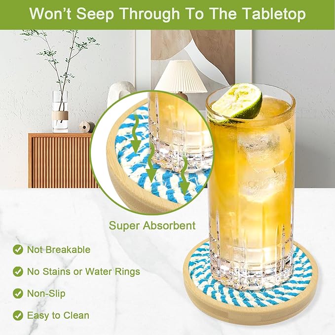 5 Pack Absorbent Coasters for Drinks, 4.3 Inches Cork for Coffee Tables, Wooden Drink Protection, Cute for Kitchen, Farmhouse, Bar, and Office (Blue)