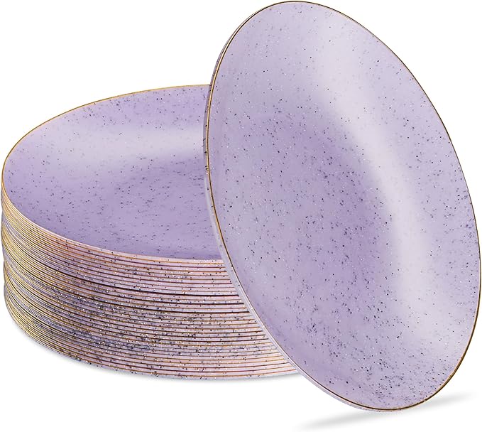 PLASTICPRO 30 Pack Disposable Plastic Plates Heavyweight Granite Look Elegant 9 inch Dinner Plates Purple with Gold Rim