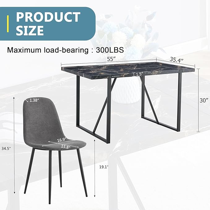 Dinner Table Set for 6, 7 Piece Dining Table Set for 6,Modern 55'' Rectangle Dining Table and 6 Dining Chairs,Kitchen Table and Chairs for 6,Ideal for Kitchen Dining Room